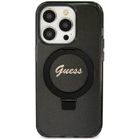 Guess Ring Stand Script Glitter Back Cover hoesje met MagSafe voor Apple iPhone 12 / iPhone 12 Pro - Zwart