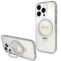 Guess Ring Stand Script Glitter Back Cover hoesje met MagSafe voor Apple iPhone 15 Pro - Transparant