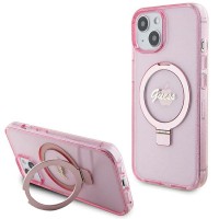 Guess Ring Stand Script Glitter Back Cover hoesje met MagSafe voor Apple iPhone 15 - Roze