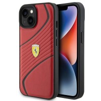 Ferrari Twist Metal Logo Echt Leren Back Cover voor Apple iPhone 15 - Rood